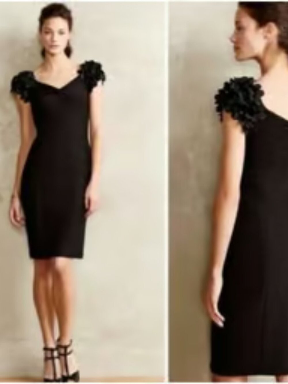 NUE By Shani Cocktail Bodycon LBD Floral Appliqué Statement Sleeve Dress, Size 4